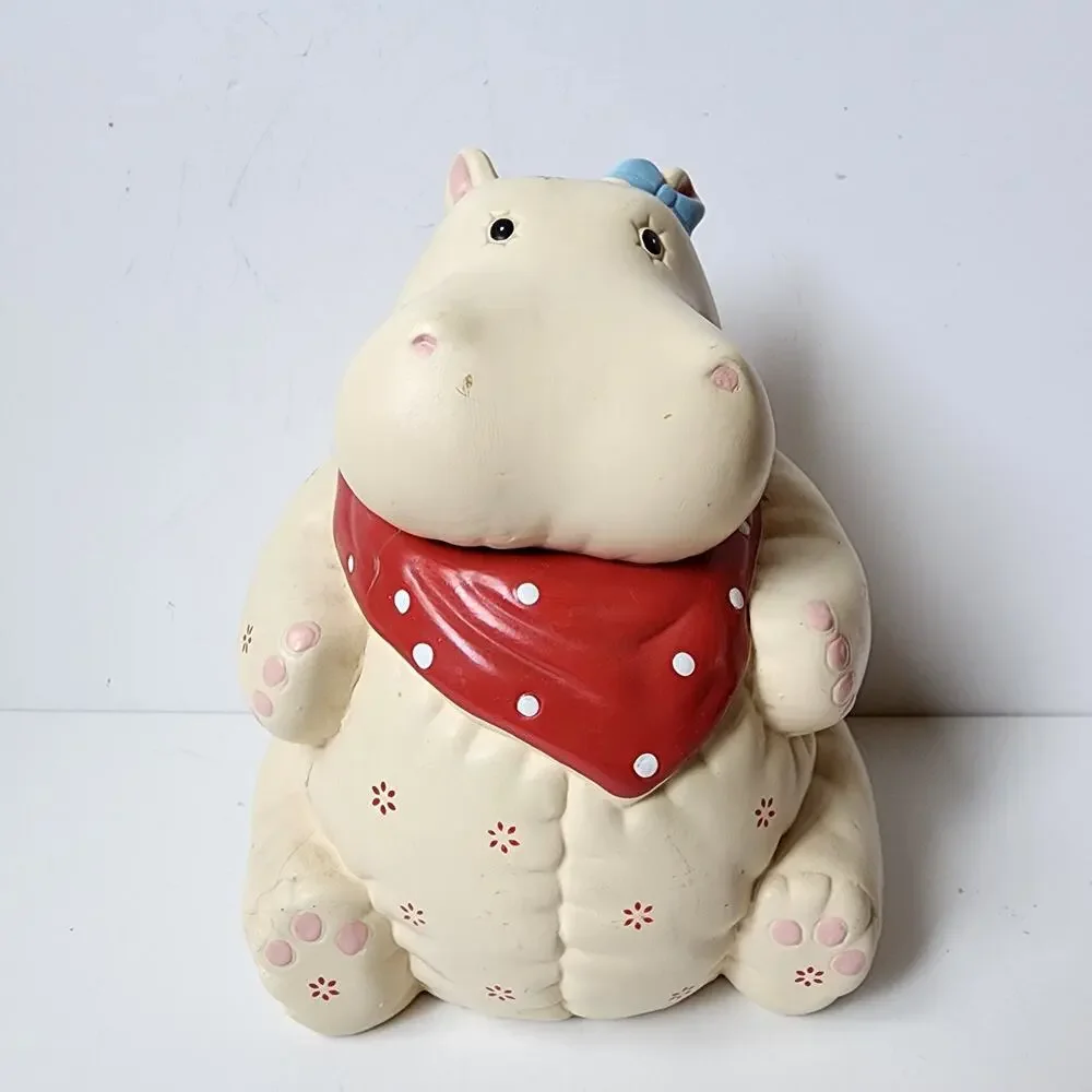 Vintage Cute Hippo Hippopotamus Ceramic Cookie Jar Red Bandana Blue Bow READ